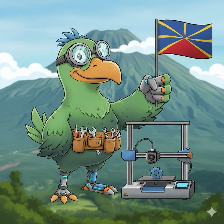 Handi, le Dodo Vert Maker, devant le Piton de la Fournaise